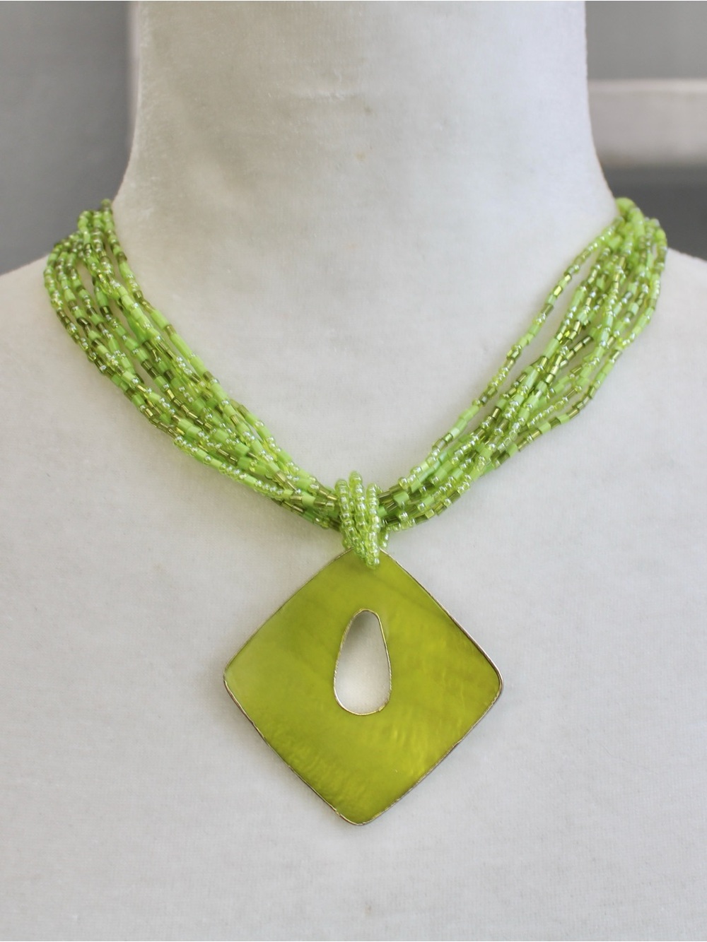 Coldwater Creek VTG Y2K Green Multi-Strand Beaded Necklace Large Diamond Pendant